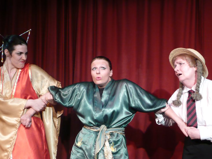 Katisha (Emily Chester), Nanki-Poo (Abigail Wright) and Yum-Yum (Charlotte Broughton)